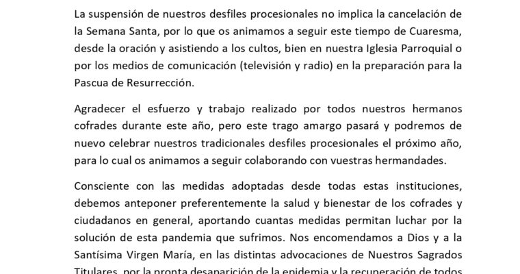 COMUNICADO OFICIAL DE LAS HERMANDADES Y COFRADÍAS DE HUÉRCAL-OVERA