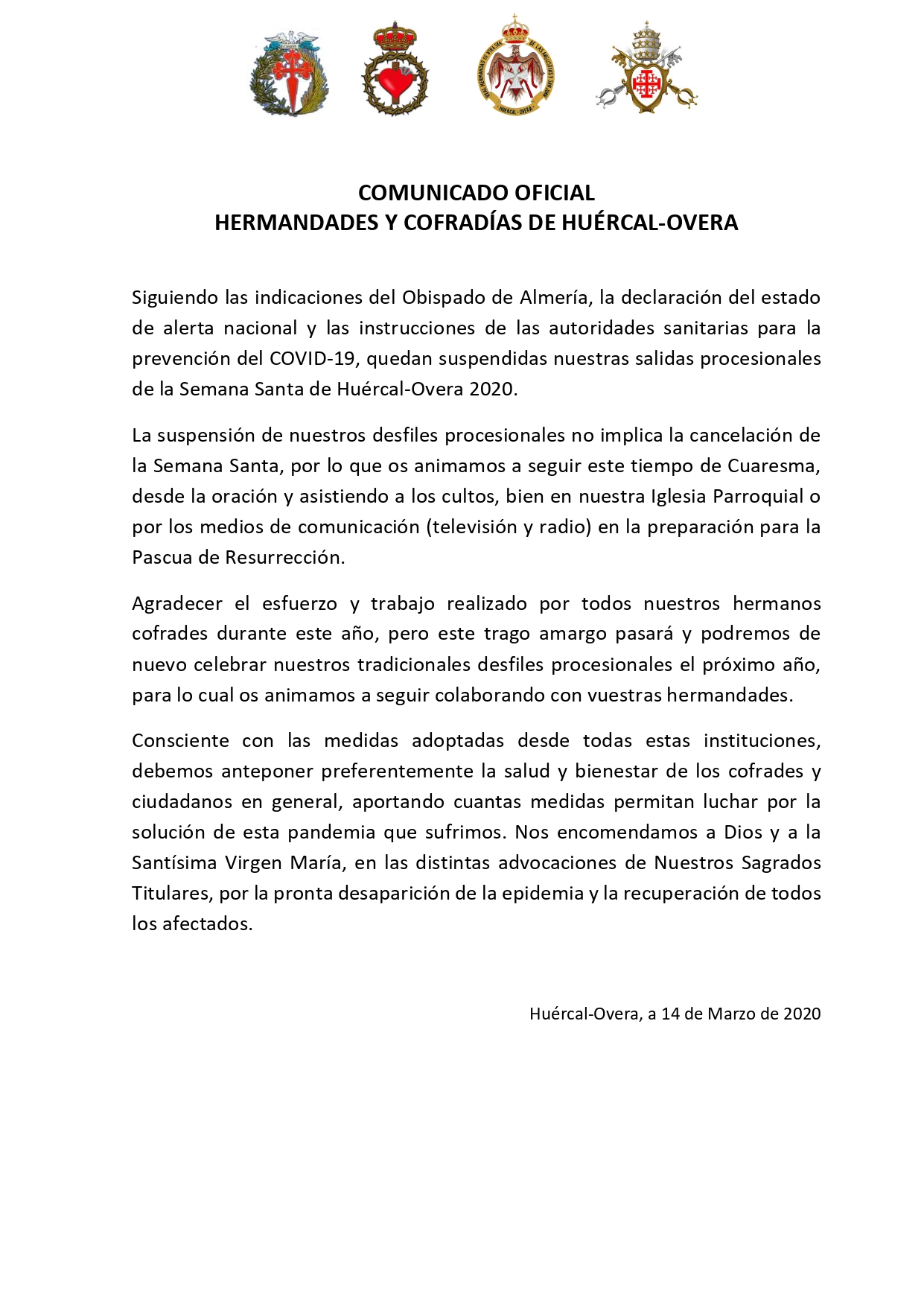 COMUNICADO OFICIAL DE LAS HERMANDADES Y COFRADÍAS DE HUÉRCAL-OVERA