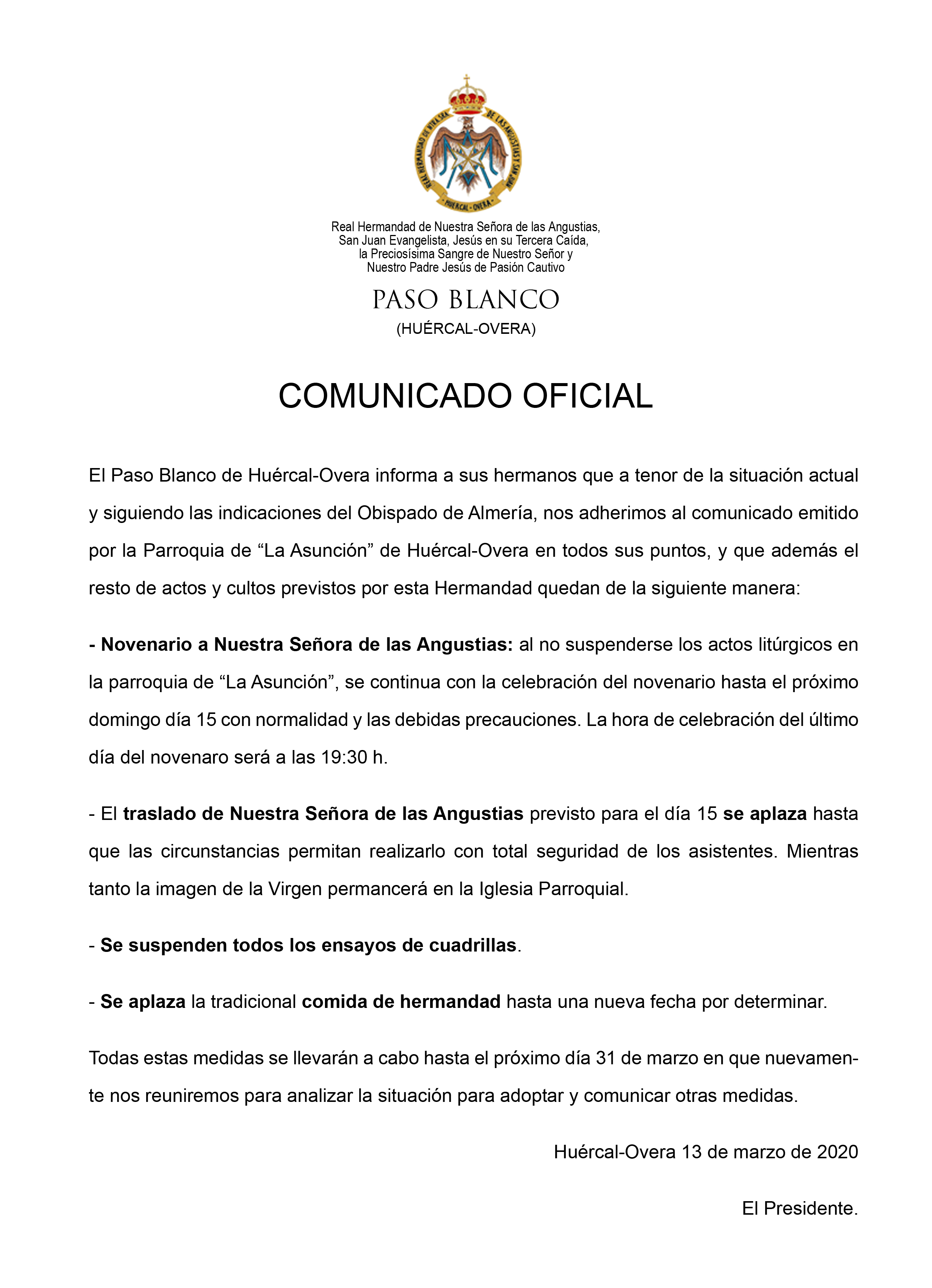 COMUNICADO OFICIAL DEL PASO BLANCO 13 de marzo de 2020